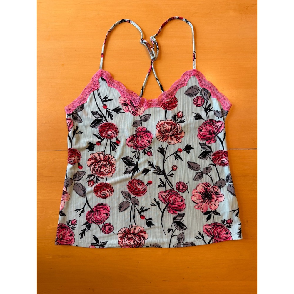 Secret Treasures Womens Pink Rose Floral Lace Trim Ribbed Cami Tank Top Small